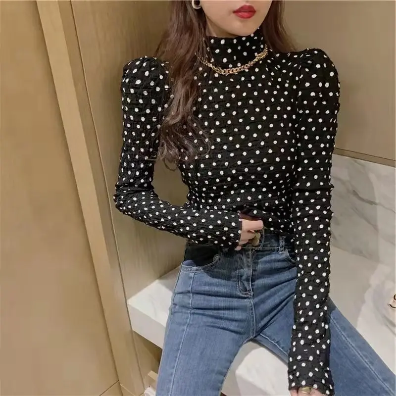 Top Trends: Fashion Printed Turtleneck Polka Dot Puff Sleeve Blouse Female Clothing 2023 Winter New Casual Pullovers Commuter Shirt Shoppable Styles - Image 3