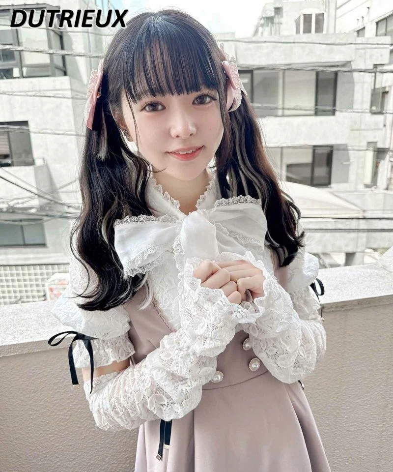 Top Trends: Japanese Rojita Mine Series Lace Bow Blouse Women Mass-Produced Popular Bow Detachable Puff Sleeve Lace Shirt Sweet Blusas Top Shoppable Styles