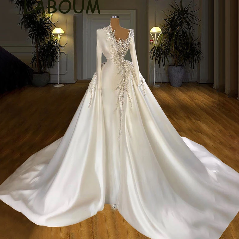 Top Trends: LaBoum Modern Beaded Satin Wedding Dress 2022 Elegant Pearls Sparkly Long Sleeves Detachable Train Backless Bridal Ball Gowns Shoppable Styles