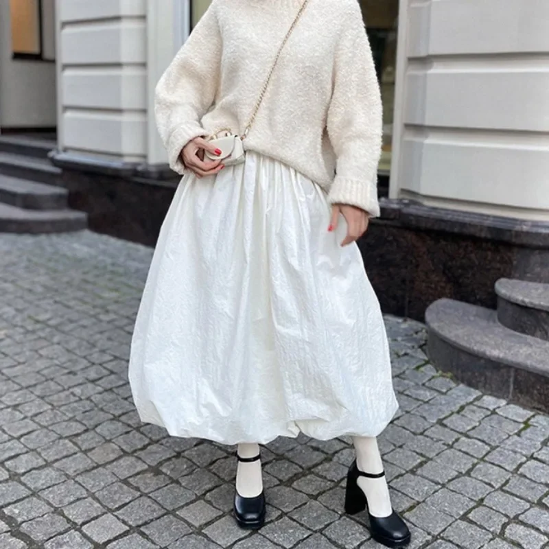 Top Trends: DEEPTOWN Long White Skirt Women Korean Fashion High Waist A-line Folds Loose Vintage Midi Skirt Autumn Winter Streetwear Shoppable Styles