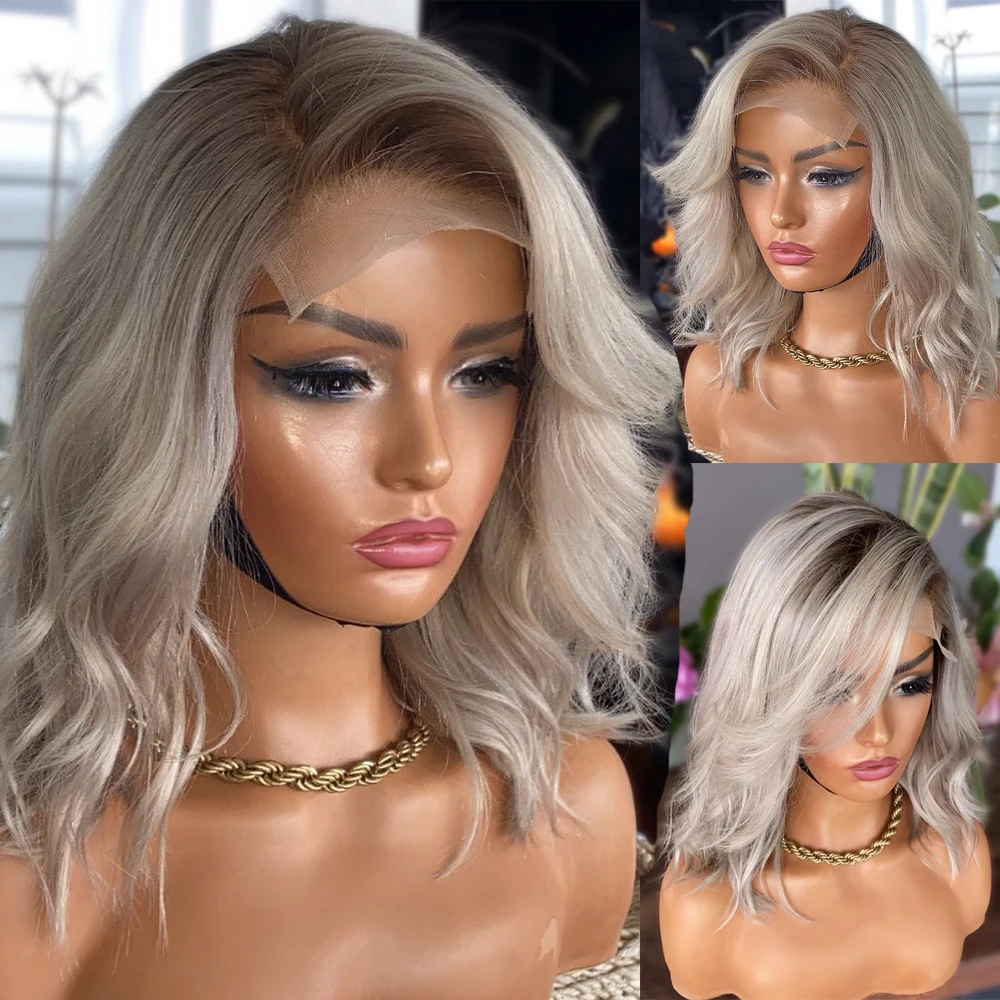 Top Trends: Woman Wigs Human Hair Lace Wigs Short Bob Lace Frontal Wig Ombre Ash Blonde Grey HD Transparent Lace Natural Wave Colored 360 Shoppable Styles