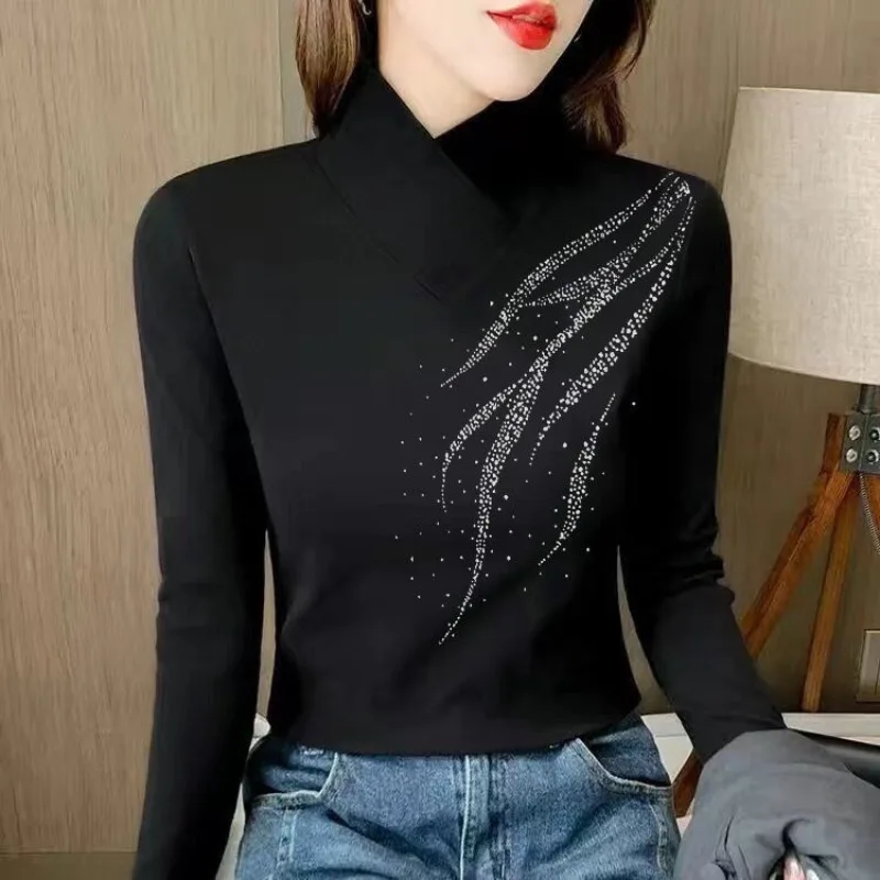 Top Trends: Women's Autumn And Winter New Fashion Elegant Print Pullover High Neck Sequin Hot Diamond Long Sleeve Fit T-shirt Bottom Tops Shoppable Styles