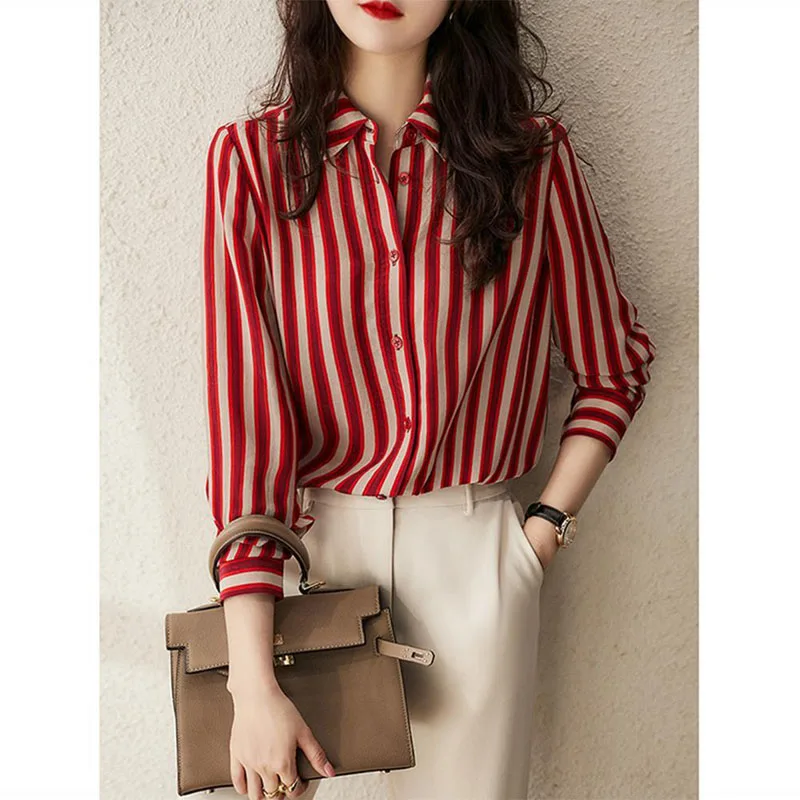 Top Trends: Fashion Lapel Button All-match Striped Shirt Women's Clothing 2022 Autumn New Long Sleeve Casual Tops Loose Office Lady Blouse Shoppable Styles