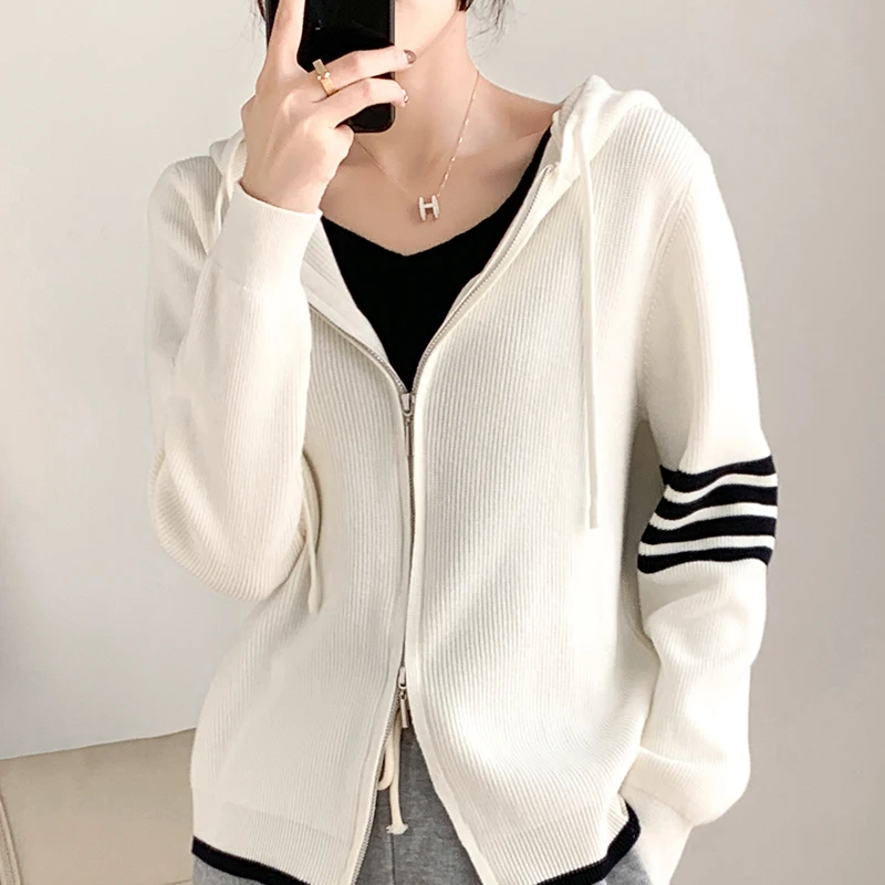 Top Trends: Women Cashmere Hooded Double Zip Cardigan Sweater Cardigan TB 2022 Knitted Spring Autumn New Fashion Top Shoppable Styles