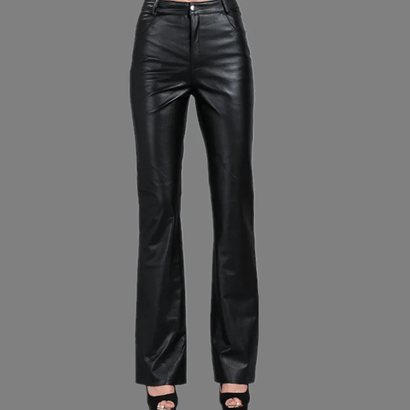 Top Trends: Leather Pants Spring Autumn Women's Genuine Sheepskin Pants OL Pants Big Size Flared Pants Casual Leather Pants Shoppable Styles