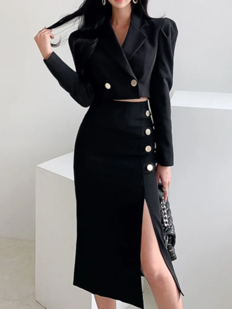 Top Trends: Autumn Women Elegant Casual Blazer Skirts Suit Vintage Crop Blazer Jackets Sexy Midi Saya Two Pieces Set Female Chic Outfits New Shoppable Styles