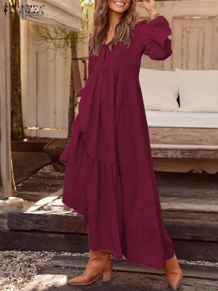 Top Trends: Women Maxi Vestidos ZANZEA 2023 Spring Sundress Bohemian Elegant Shirt Dress Casual V Neck Ruflle Long Sleeve Robes Oversized 1 Shoppable Styles