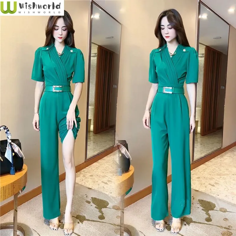 Top Trends: Temperament Fashion Jumpsuit 2023 Spring / Summer Korean Version New Short Sleeve Fashionable Waist Slim Wide Leg Jumpsuit Shoppable Styles