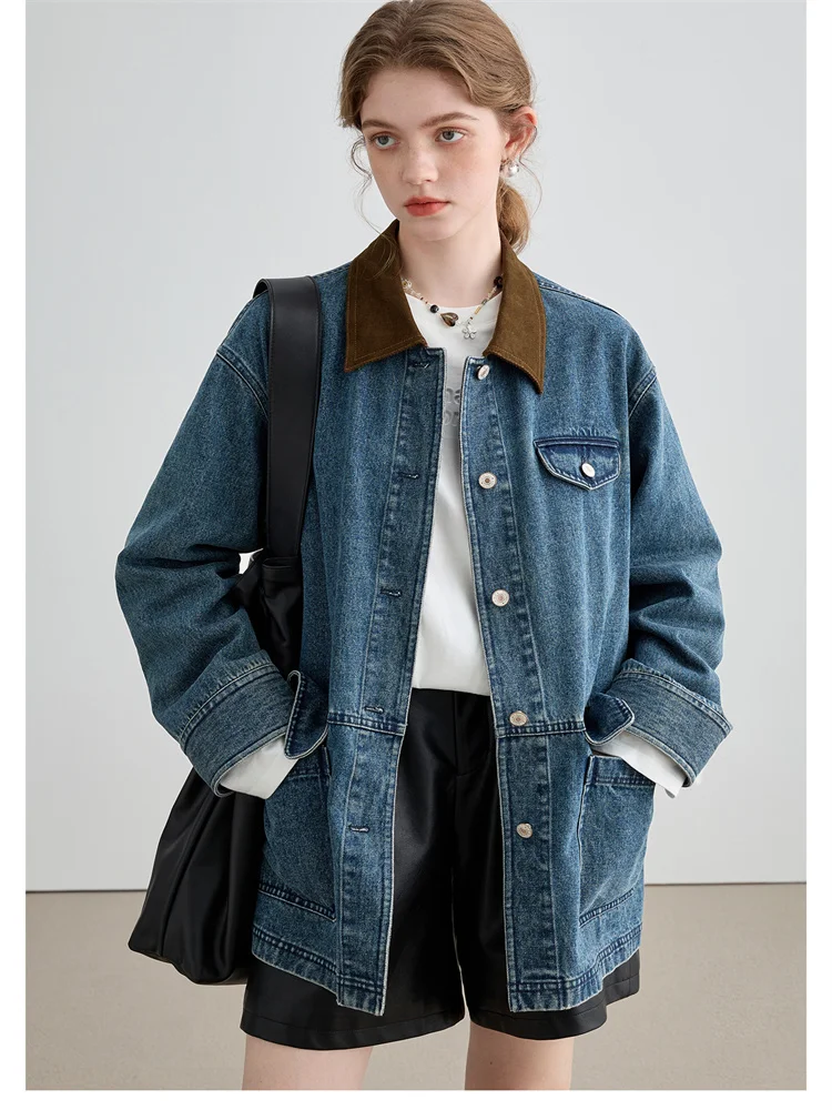 Top Trends: MOLAN Vintage Autumn Woman Denim Jacket Patcwork Blue Fashion Turn Down Collar Buttons Long Sleeve Loose Coats Lady Jean Jacket Shoppable Styles - Image 3