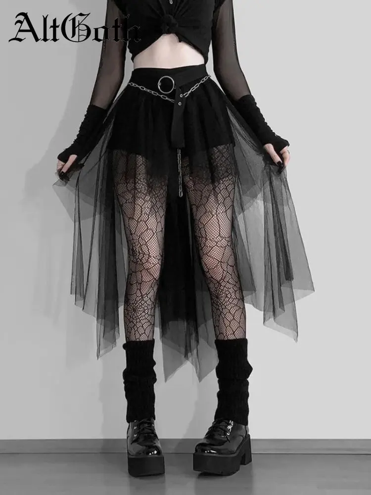 Top Trends: AltGoth Harajuku Gothic Mesh Skirt Women Cyberpunk Y2k E-girl High Waist Irregular Skirt Emo Alternative Indie Clubwear Female Shoppable Styles