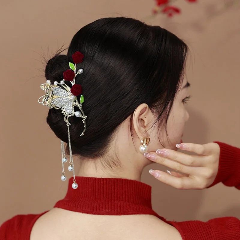 Top Trends: Elegant Roses Rhinestone Hair Clips Butterfly Pearls Gold Tassel Clip Fashion Women Hair Clip Ponytail Headwear Hair Accessories Shoppable Styles