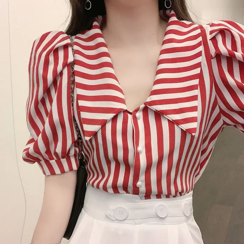 Top Trends: Summer Fashion Striped Turn-down Collar Puff Sleeve Shirt Loose Casual Short Sleeve Vintage Women&#039;s Clothing Commute Blouse Shoppable Styles