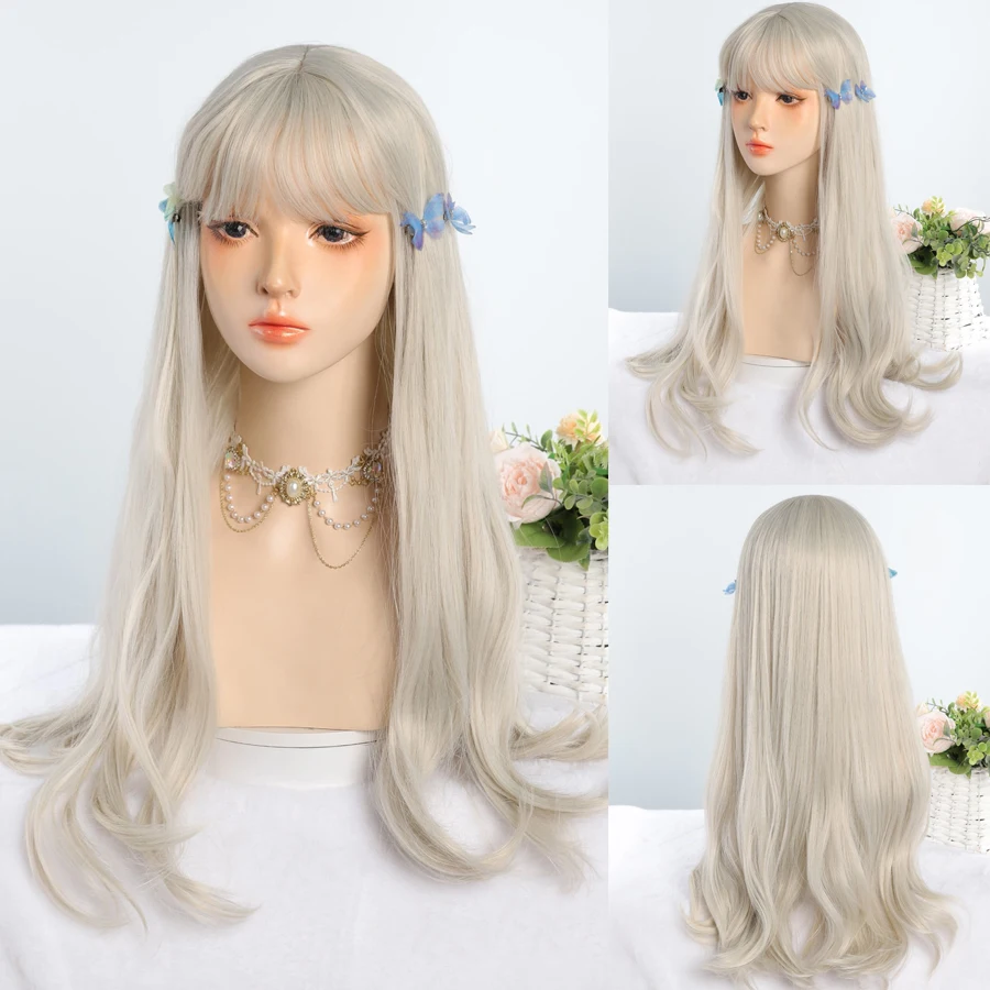 Top Trends: LANLAN Platinum Blonde Long Natural Wavy Synthetic Hair Wigs With Bangs Cosplay Party Halloween Wig For Women Heat Resistant Shoppable Styles