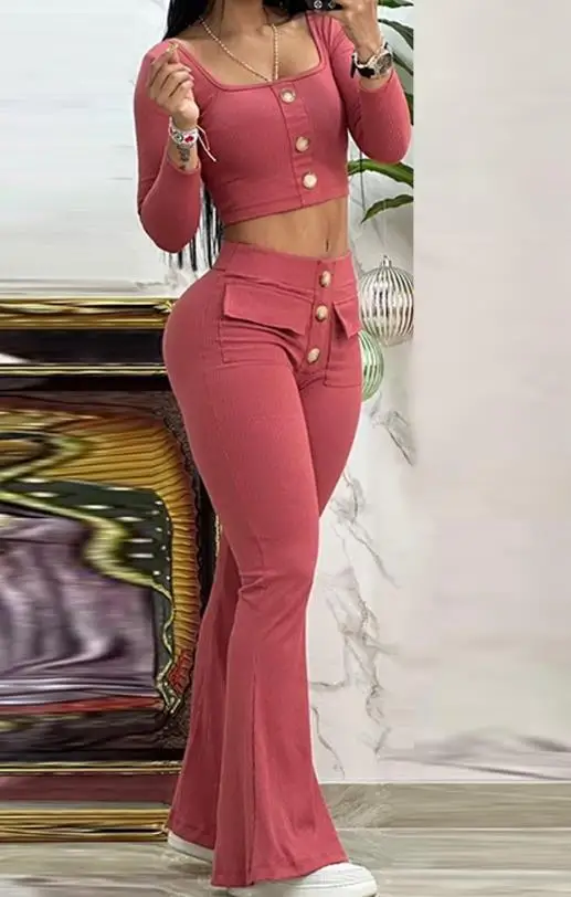 Top Trends: Two Piece Set Women Outfit 2023 Summer Fashion Square Neck Long Sleeve Buttoned Top &amp; Pocket Design High Waist Flared Pants Set Shoppable Styles