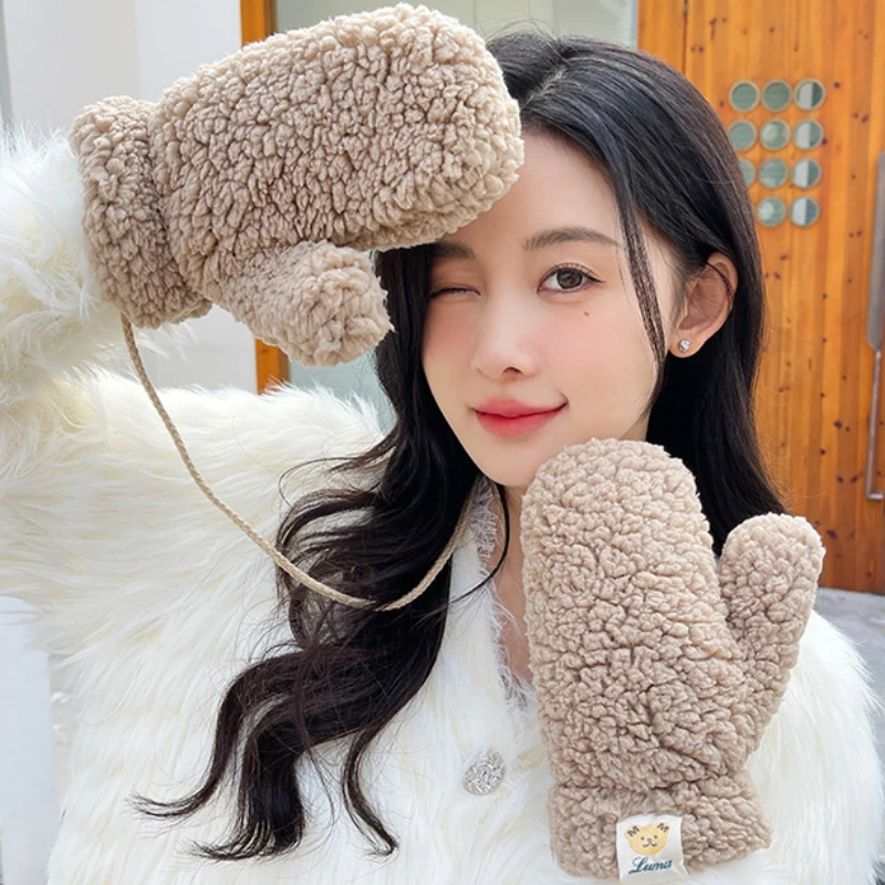 Top Trends: Women Winter Wool Fleece Cute Bear Label Gloves Girls Halter Neck Students Outdoor Sport Riding Thickened Keep Warm Mittens Shoppable Styles