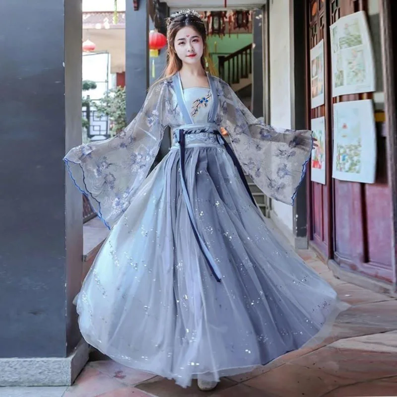 Top Trends: New Chinese Style Fairy Hanfu Suit Polyester Flowery Printing Waistline Casual Dresses Length To Ankle Breathable Women Clothing Shoppable Styles