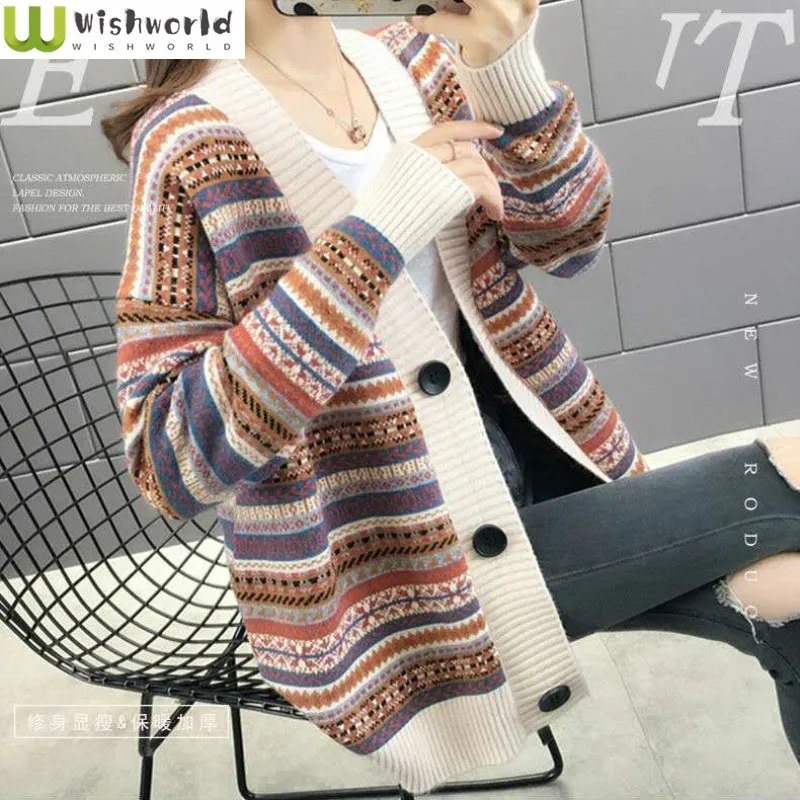 Top Trends: Ethnic Striped Cardigan Women&#039;s Autumn And Winter 2023 New Korean Version Loose Sweater Knitwear Elegant Women&#039;s Coat Shoppable Styles