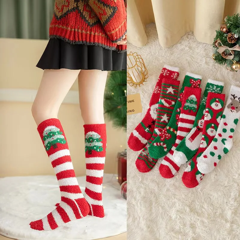 Top Trends: Christmas Socks Woman Long Coral Fleece Warm Thickened Floor Sleep Sock Snowflake Deer Tree Gift Socks High Tube Stocking Green Shoppable Styles