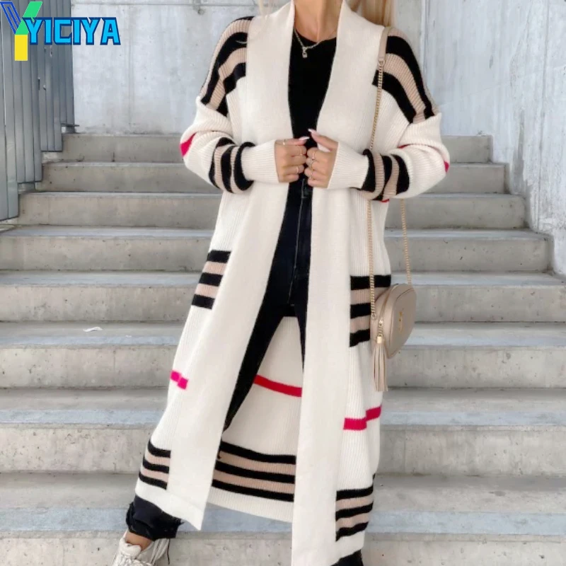 Top Trends: YICIYA Stripe Long Cardigan Women Clothing Knitwears Striped Patchwork Winter Elegant Outerwear Y2k Sweater Coat Soft Jacket Top Shoppable Styles