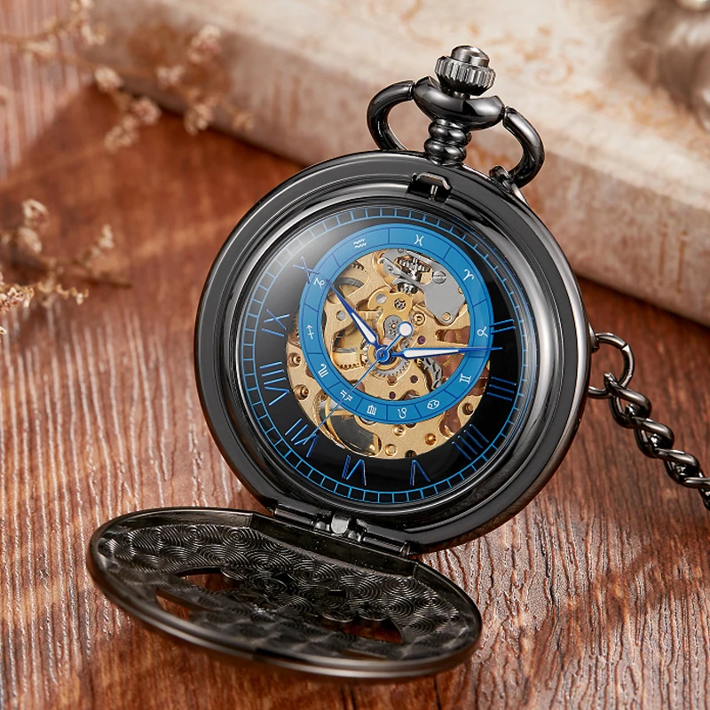 Top Trends: Hand-WInd Mechanical Pocket Watch Vintage Hollow Blue Moon Star Steampunk Skeleton Watch Roman Numerals Clock With Fob Chain Shoppable Styles - Image 4