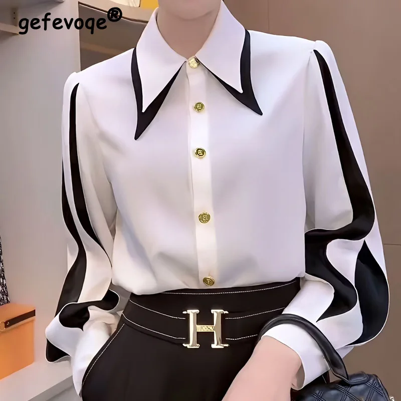 Top Trends: Temperament Women's Clothing Contrasting Colors Large Pointed Collar Single Breasted Blouse Fashion Lantern Long Sleeve Shirt Shoppable Styles