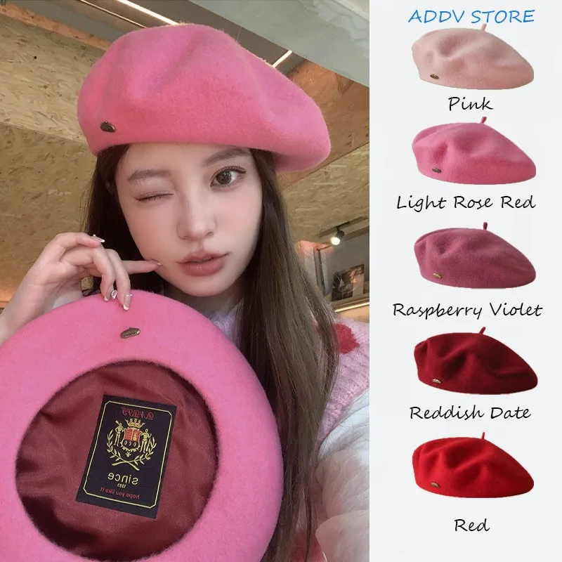 Top Trends: Women&#039;s Winter High Quality Wool Beret Metal Copper Buckle Solid Color Painter Hat Satin Embroidery Vintage Logo Beanie Hat Shoppable Styles