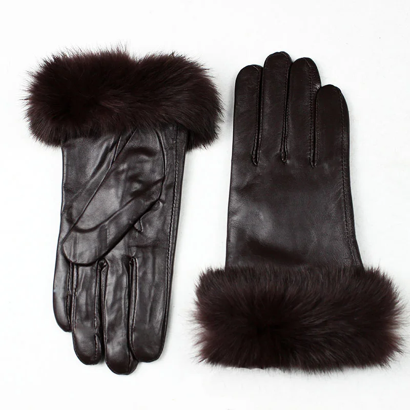 Top Trends: Winter Warm Leather Sheepskin Gloves Women Fashion Thick Rabbit Fur Cuffs Outdoor Windproof Ladies Brown Finger Gloves Shoppable Styles - Image 2