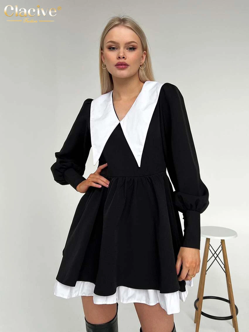 Top Trends: Clacive Fashion Doll Collar Black Dresses For Women 2022 Casual Lantern Sleeve Office Mini Dress Ladies Elegant Patchwork Dress Shoppable Styles