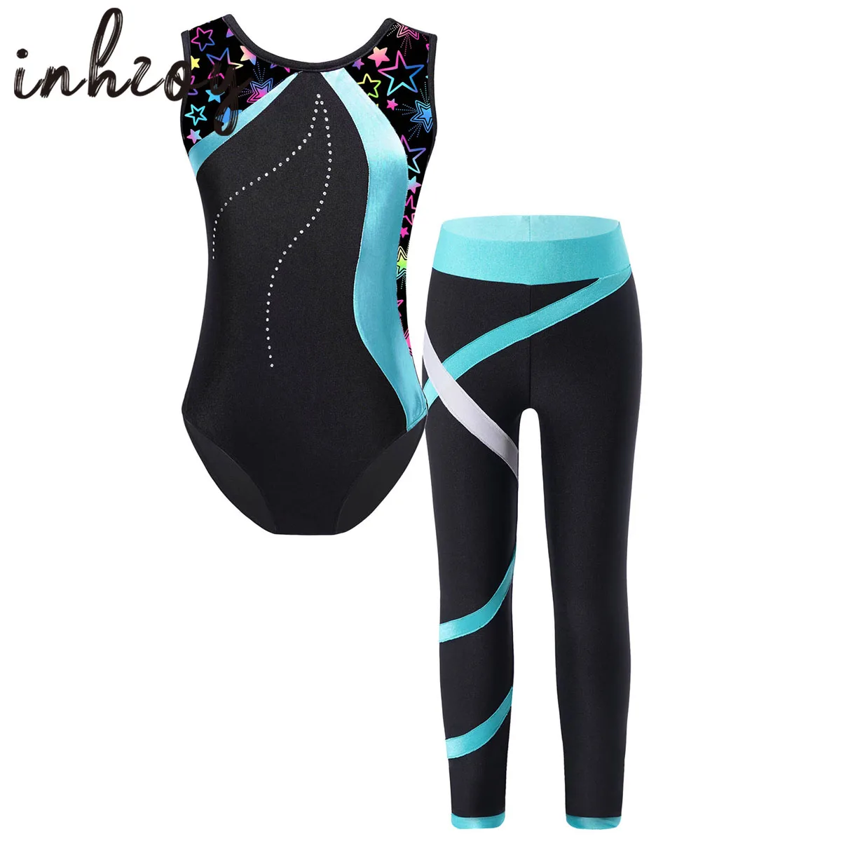 Top Trends: Kid Girls Sports Gymnastics Workout Leotard With Legging Pants Outfits Sleeveless Shiny Rhinestones Ballet Bodysuit Unitards Set Shoppable Styles