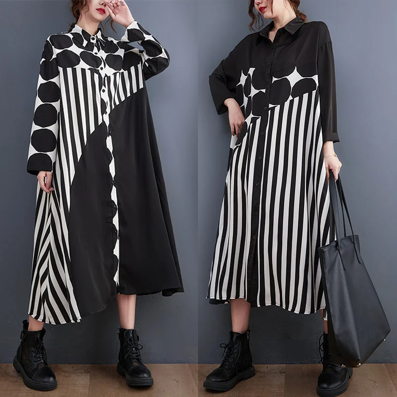 Top Trends: #3517 Spring Polka Dot Printed Long Shirt Dress For Women Long Sleeve Loose Asymmetrical Vintage Dress Ladies Front Buttons Shoppable Styles