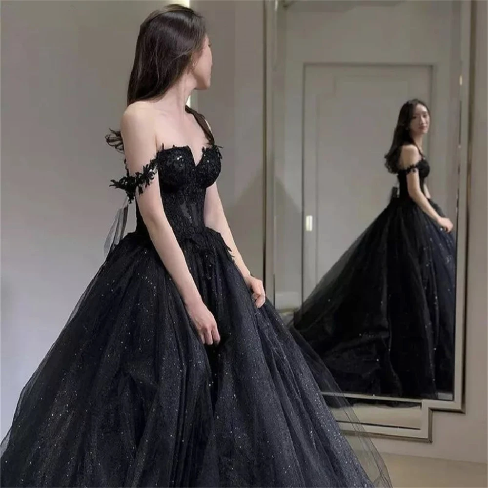 Top Trends: Sexy Black Prom Dresses Sweetheart Off The Shoulder A-Line Tulle Lace Applique Backless Vestidos De Gala Evening Gowns For Women Shoppable Styles