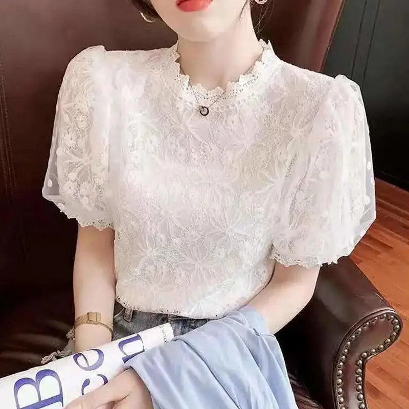 Top Trends: Elegant Fashion Hook Flower Hollow Mesh Splice Lace Blouse Woman 2022 Summer New Office Lady Commute All-match Puff Sleeve Shirt Shoppable Styles