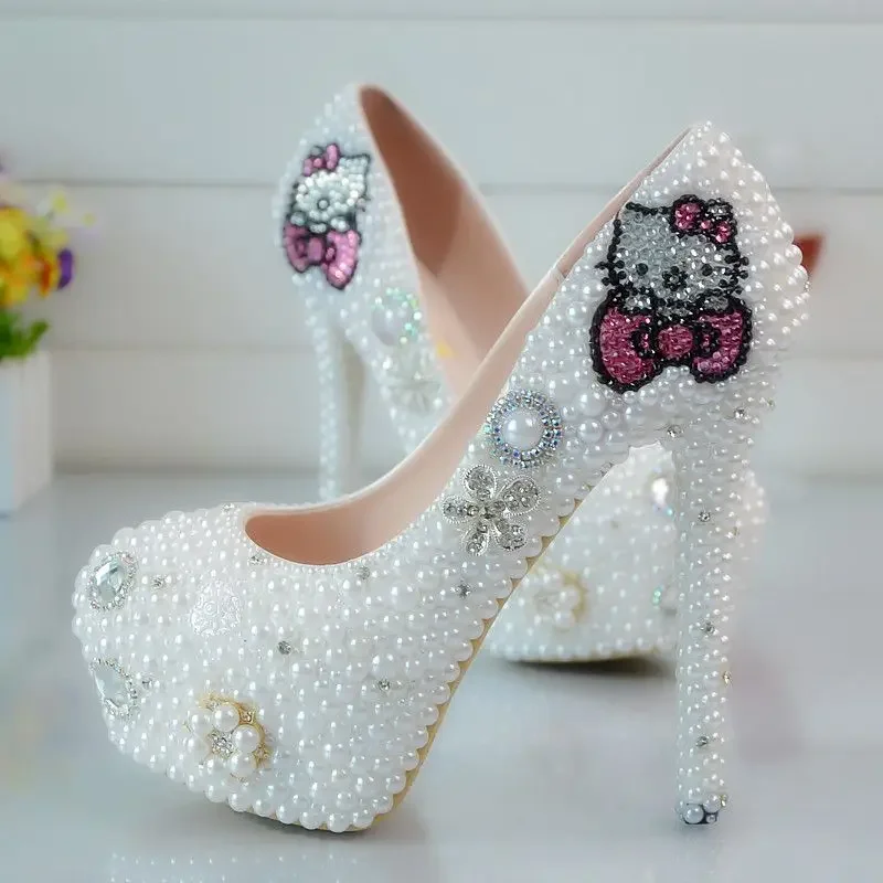 Top Trends: Hello Kitty Diamond Crystal Wedding Party Shoes Rhinestone Handmade Women&#039;s Shoes High Heel Waterproof Platform Bow Wedding Shoppable Styles