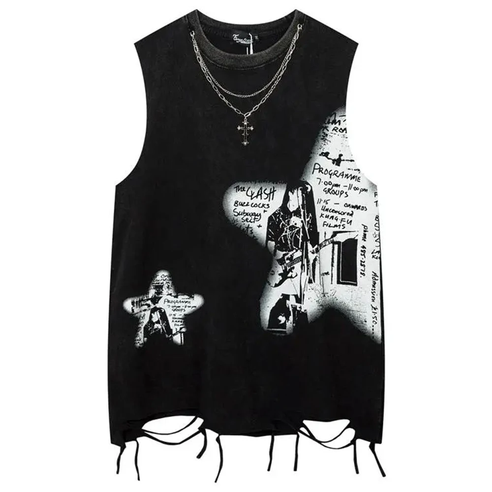 Top Trends: Summer Men Washed Sleeveless Tshirt Top Hip Hop Print Punk Gothic Vests Streetwear Harajuku Cotton Tank Tops Y2k Fringed Vintage Shoppable Styles