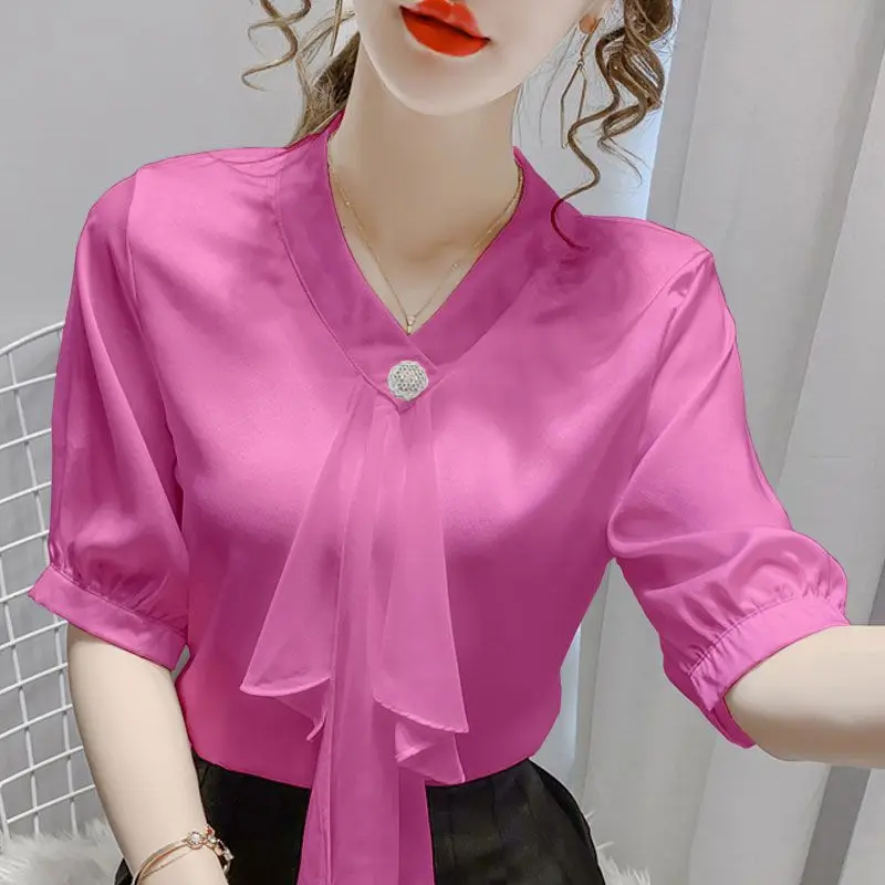 Top Trends: Female Commute Fashion Solid Color Chiffon Shirt Office Lady Simplicity All-match V-Neck Spliced Blouse Summer Women&#039;s Clothing Shoppable Styles