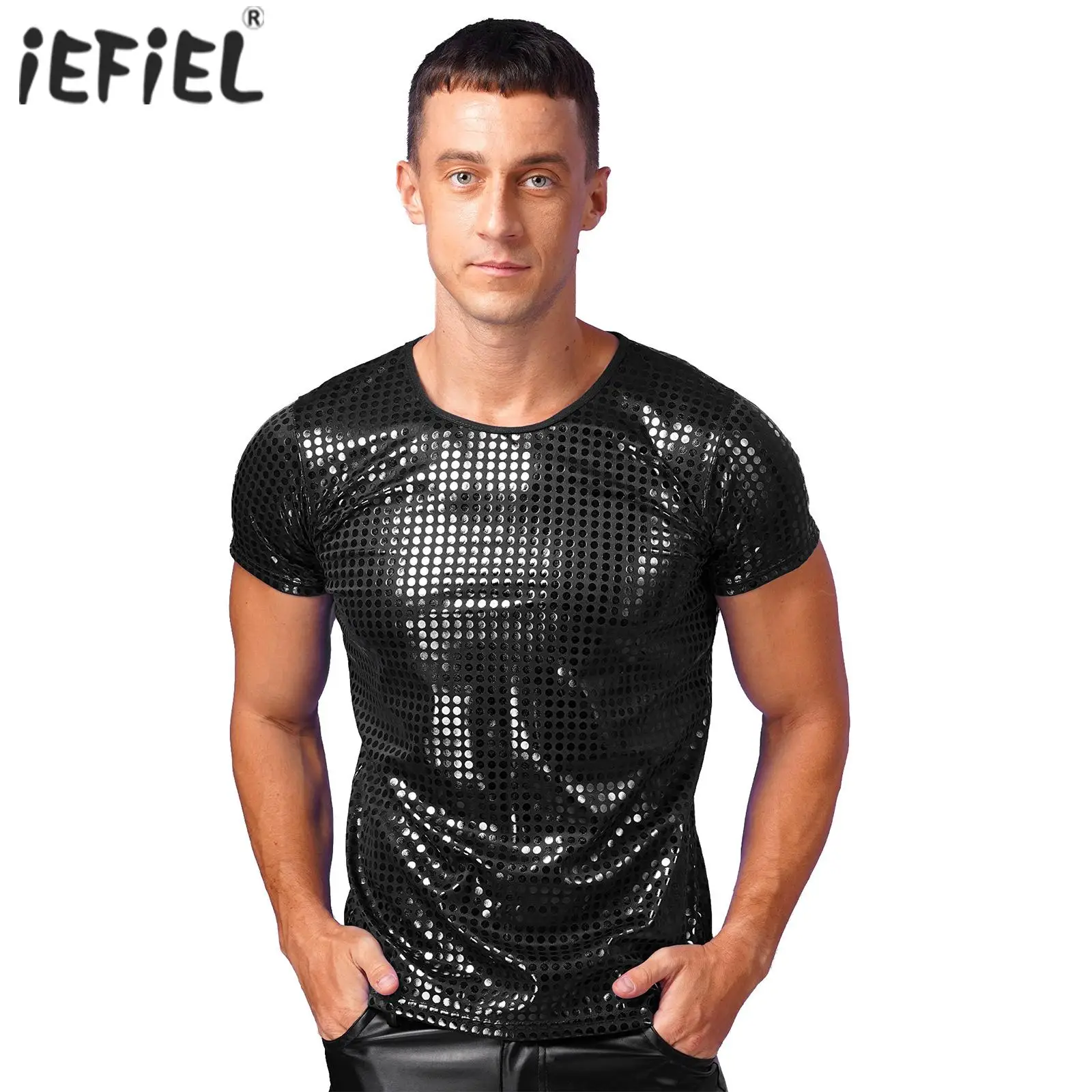 Top Trends: Mens Sparkle Sequin Dot Jazz Modern Dance T-Shirt Tops Round Neck Short Sleeve Performance Tops Nightclub Festivals Costumes Shoppable Styles