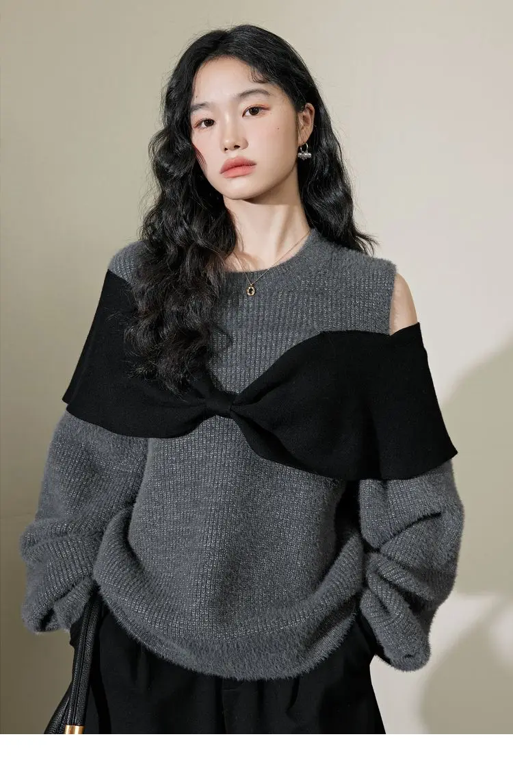 Top Trends: Women Fashion Loose Knit Sweater Sexy Off Shoulder Long Sleeve Gray Bow Jumpers Female Pullovers Korea Chic Tops Shoppable Styles