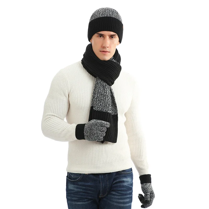 Top Trends: Men's Autumn Winter Keep Warm Set Unisex Beanie Gloves Scarf Male Woolen Yarn Knitted Muffler Spring Fall Contrast Color Hat Shoppable Styles