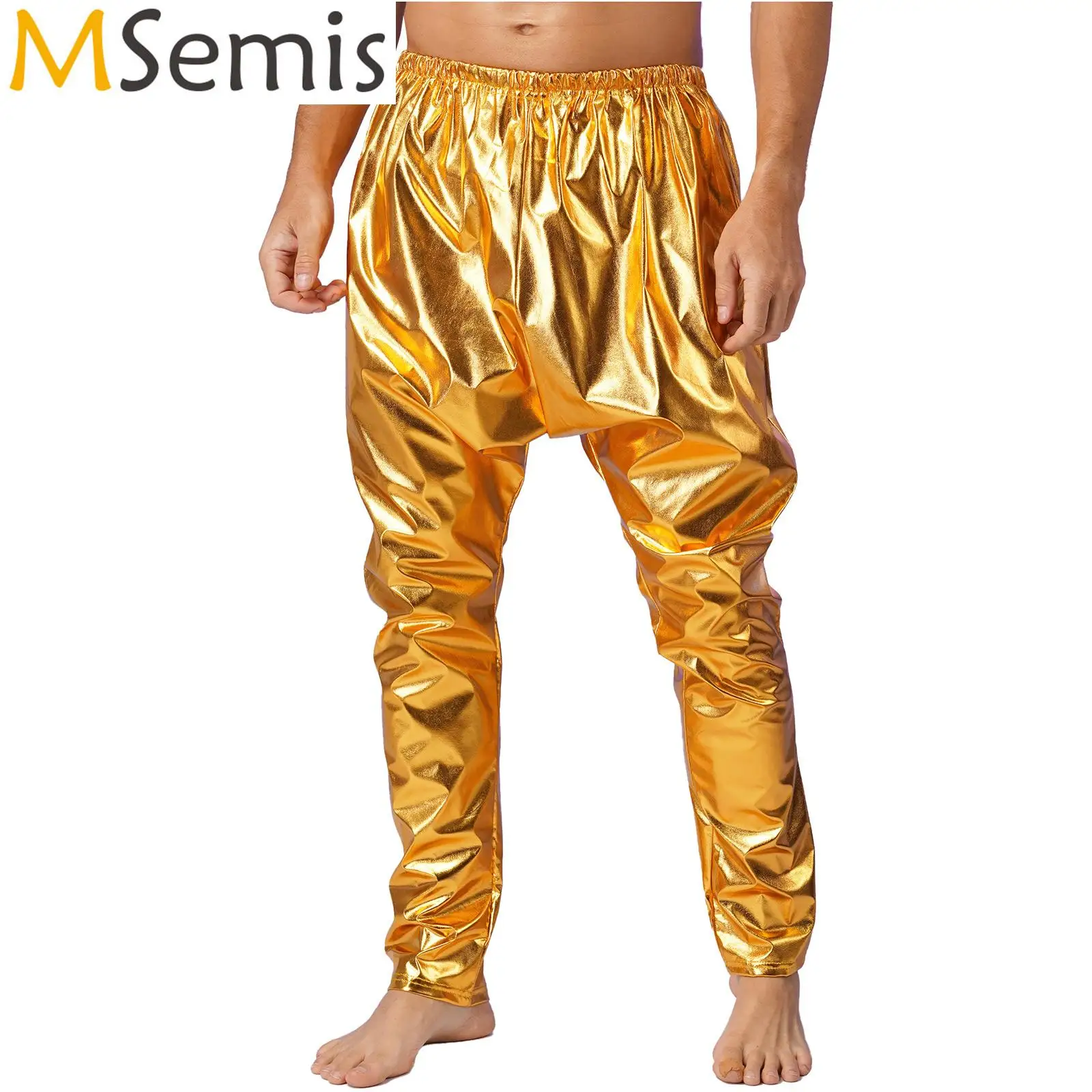 Top Trends: Mens Solid Color Lightweight Casual Harem Pants Elastic Waistband Metallic Shiny Disco Jazz Hip Hop Dance Performance Long Pants Shoppable Styles