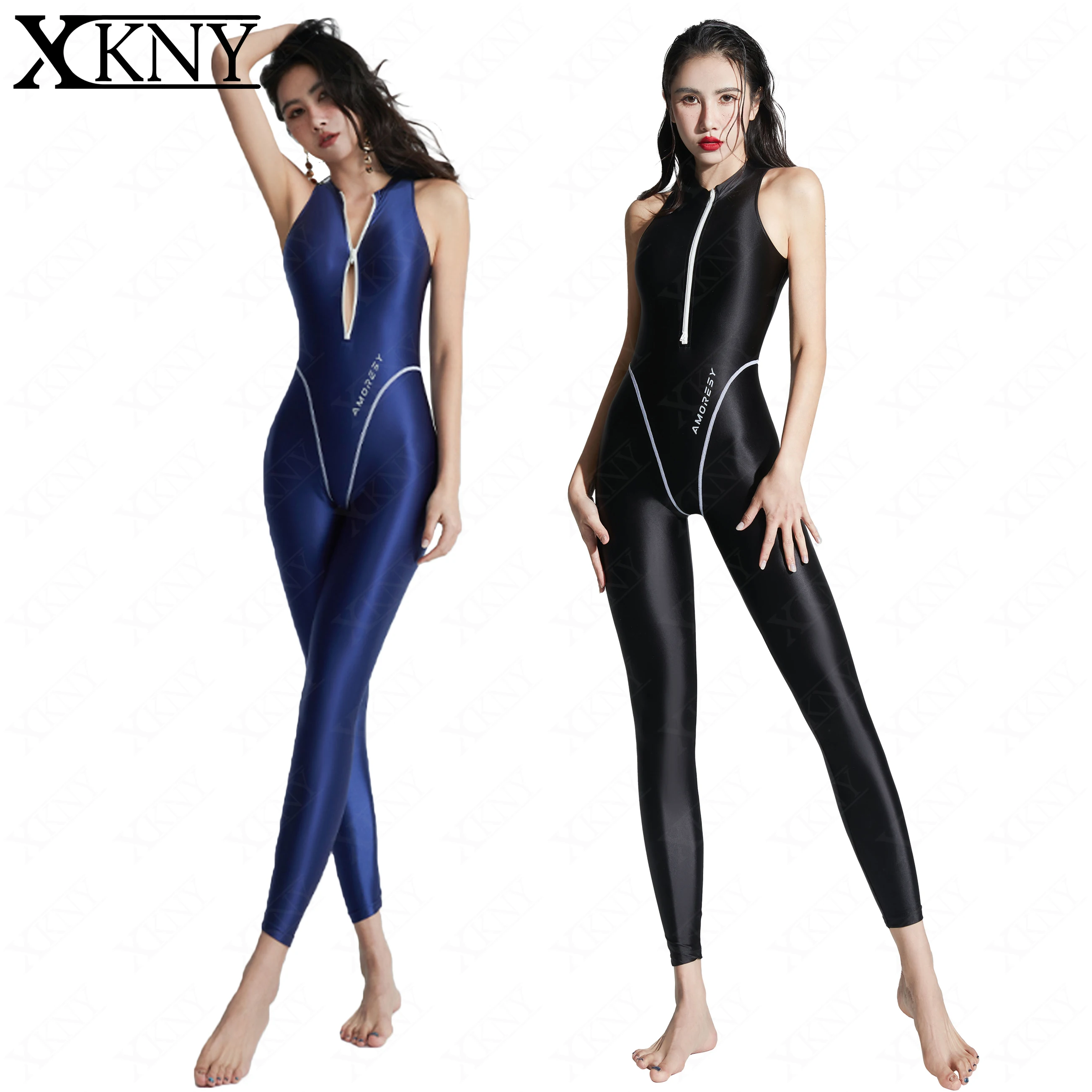 Top Trends: XCKNY Satin Glossy Tights High Neck Tights Silky Smooth Casual Running Jumpsuit Yoga Swim Casual Pants Front Zipper Sportswear Shoppable Styles