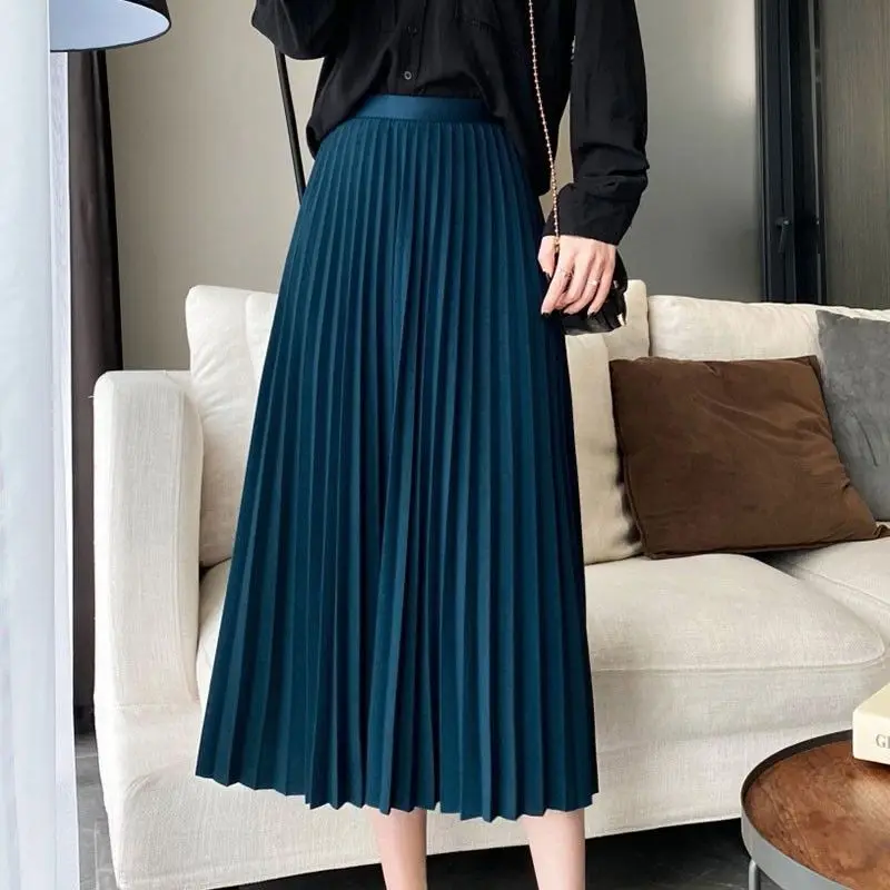 Top Trends: Women's Skirt 2023 Spring Autumn New Office Lady Commuter Solid High-waisted Loose Elegant Fashion Pleated Midi Skirt Female Shoppable Styles