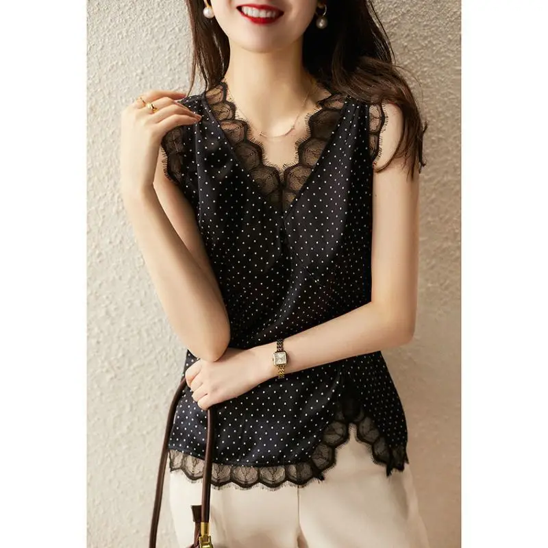 Top Trends: Elegant Polka Dot Sleeveless Lace Blouse Women&#039;s Clothing 2023 Spring New Casual Pullovers Tops Chiffon Commute Shirt Shoppable Styles