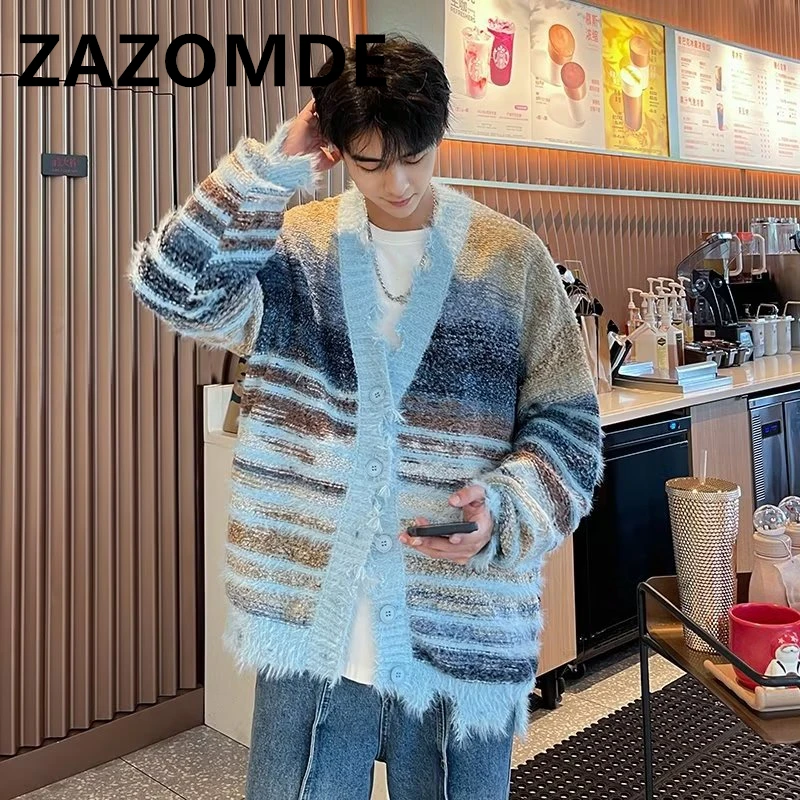 Top Trends: ZAZOMDE Winter Stripe Cardigan Sweater Knit Men Loose Couple Jumper Autumn Contrast Color Irregular Oversized Y2K Knitwear Coat Shoppable Styles - Image 3