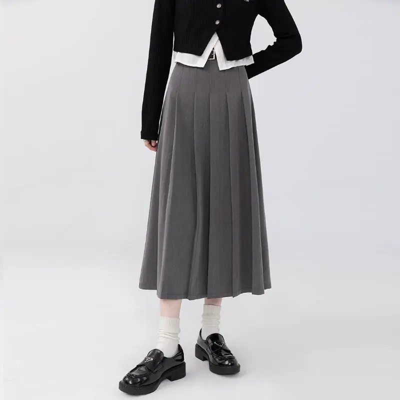 Top Trends: Grey Pleated Skirt For Women 2023 New Autumn Preppy Style High Waist A Line Mid-length Skirts Vintage Casual Female Clothing Shoppable Styles