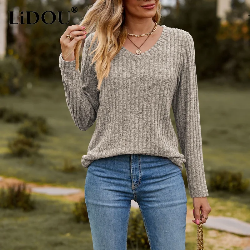 Top Trends: Tops Women 2023 New Spring Autumn Long Sleeve V Neck Slim Pullover Solid Color England Style Striped Casual Popularity Sweater Shoppable Styles