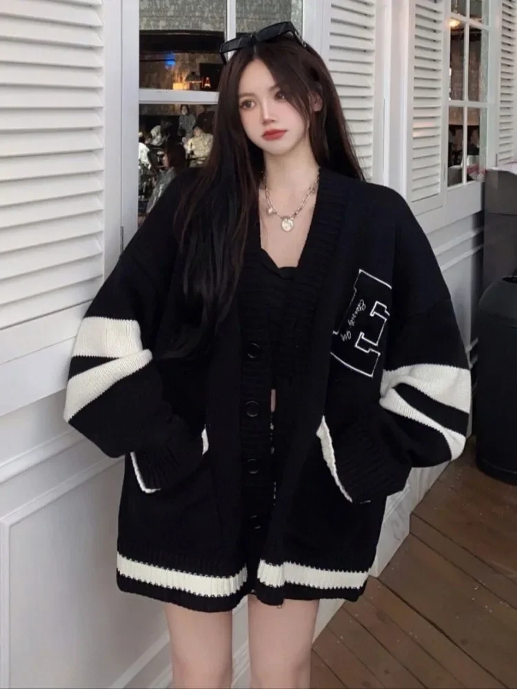 Top Trends: Deeptown Korean School Student Black Baggy Cardigan Women Preppy Style Oversized Loose Letter Embroidery Knitted Top 2023 Autumn Shoppable Styles