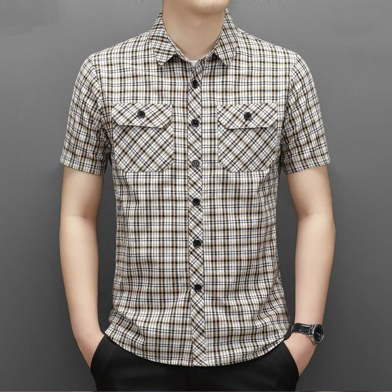 Top Trends: Summer Cotton Men's New In Shirt Slim Fit Plaid Striped Short Sleeve Button Pocket Polo Lapel Casual Fashion Vintage Tops Shoppable Styles