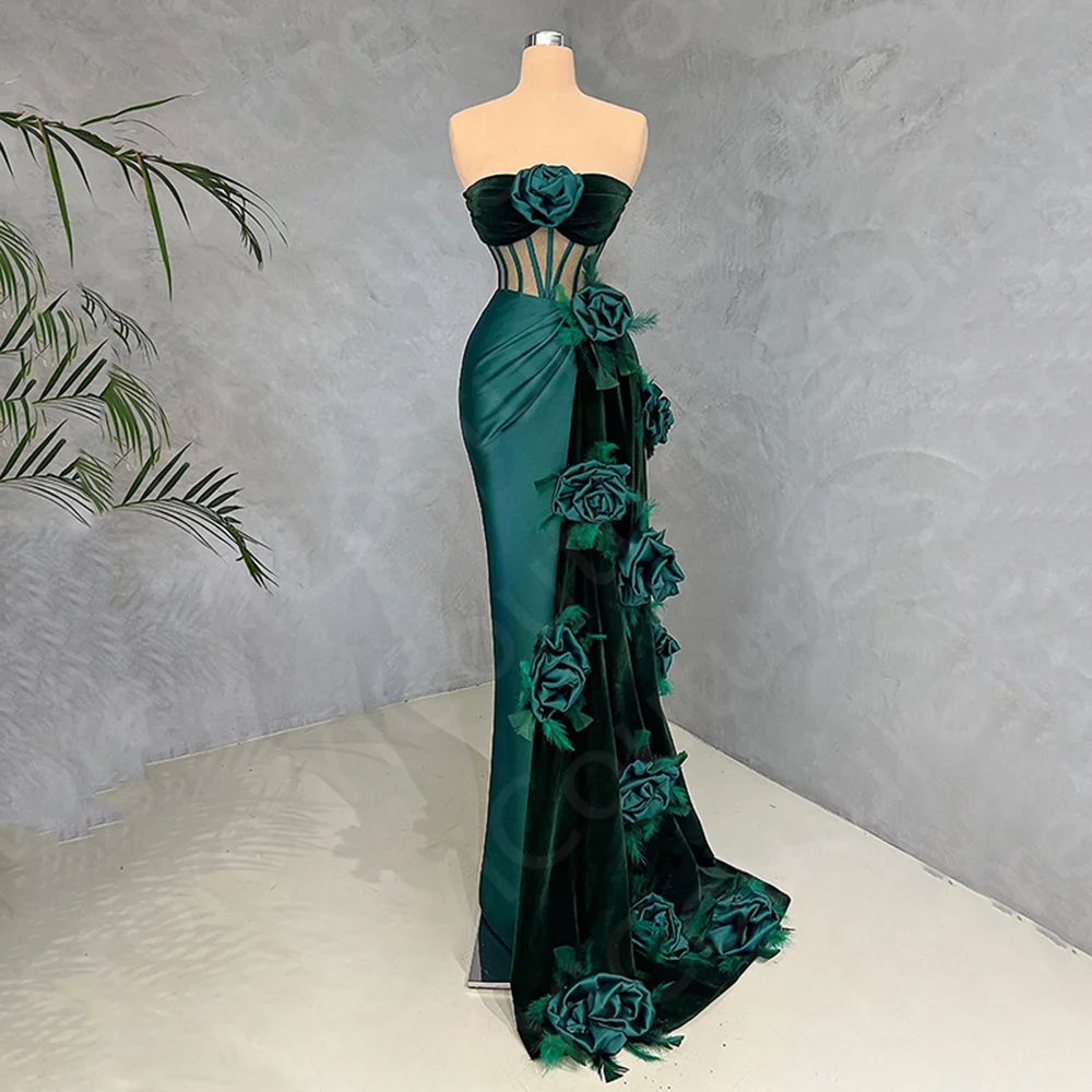 Top Trends: New Arrival Emerald Green Prom Dress Long Formal Party Gowns 2024 Strapless Velvet Wedding Party Dress Illusion Top Flowers Shoppable Styles