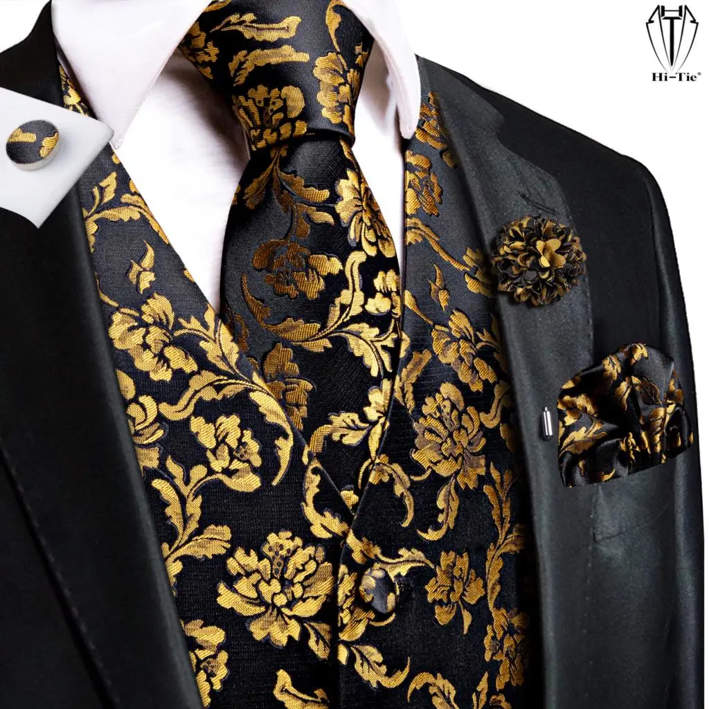 Top Trends: Hi-Tie Luxury Silk Mens Vests Black Gold Floral Jacquard Waistcoat Tie Hanky Cufflinks Brooch Set For Men Suit Wedding Office XL Shoppable Styles