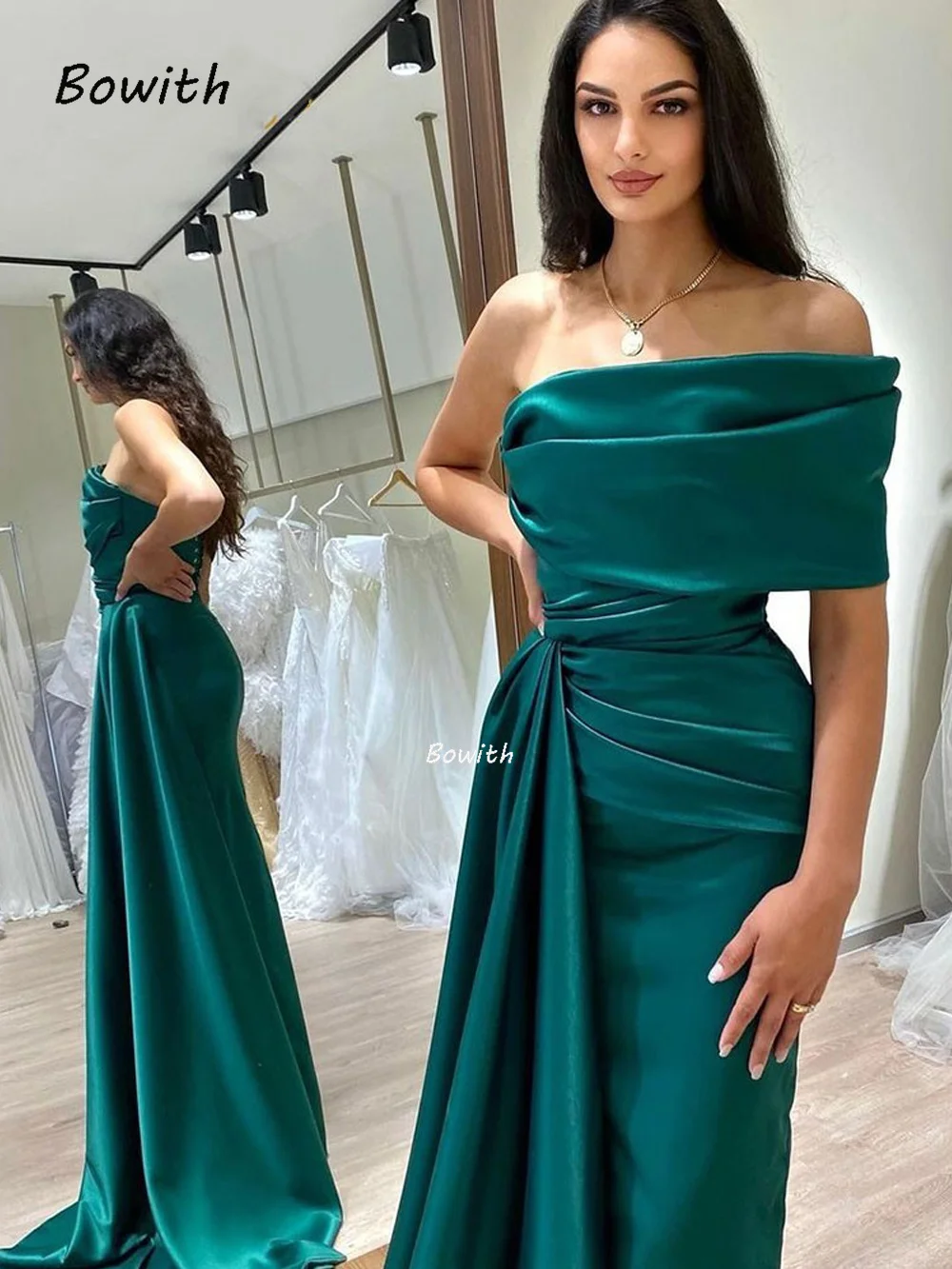 Top Trends: Bowith Satin Formal Evening Party Women Dresses Pleats With Side Train Draped High Slit Prom Dress Elegant Party Gown Wedding Shoppable Styles